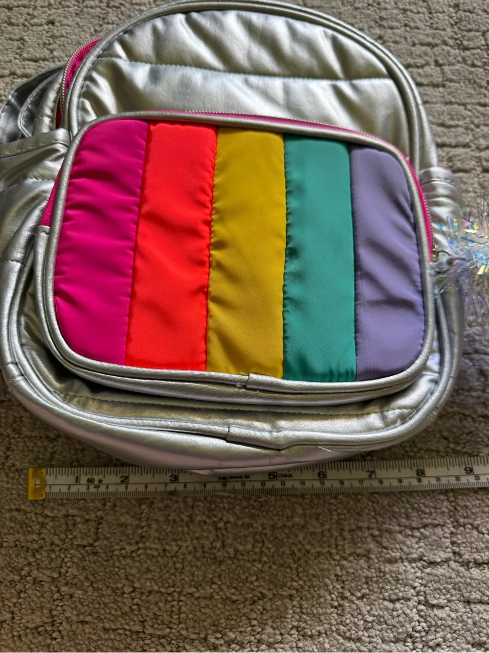 Silver Kids Mini Backpack with Rainbow Front Pocket NWOT Colorful Sparkly Shiny